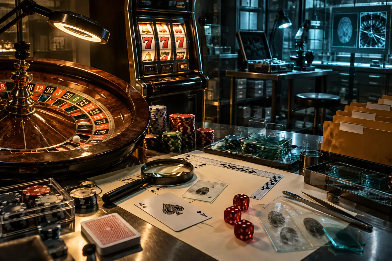 Forensic casino evidence laboratory with roulette wheel, slot machine, cards, dice and gaming chips